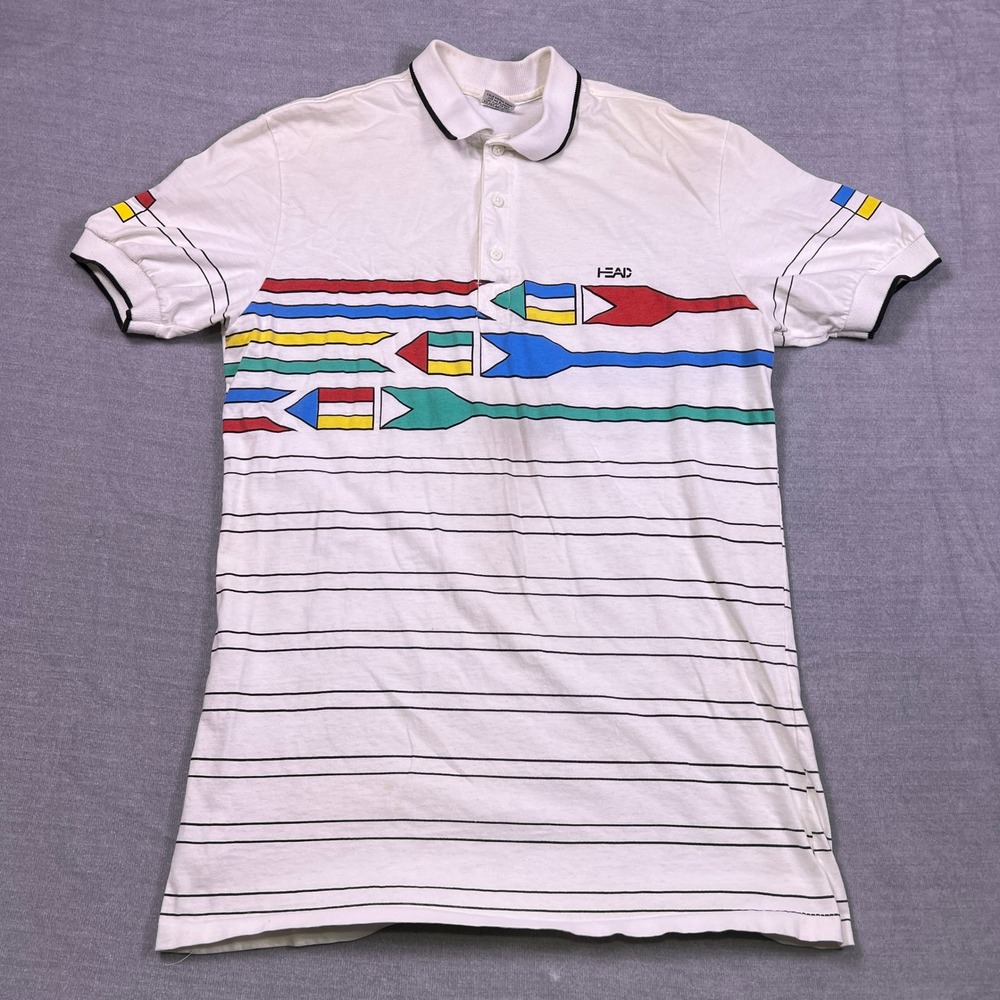 Vintage Head Sportswear Mens White Graphic Stripe Polo Shirt Short Sleeve 2192
